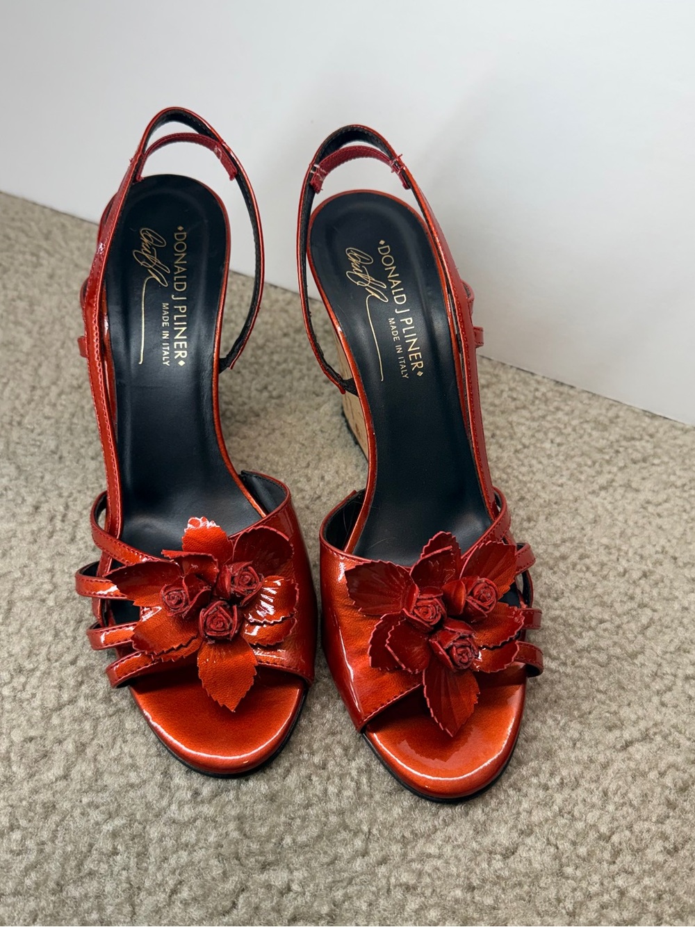 Donald J Pliner Couture Red Patent Leather Slingback Sandal Heels Made In Italy